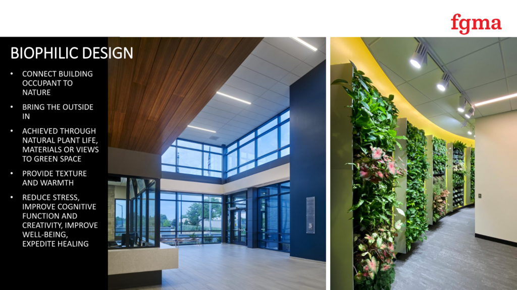 A design trend slide that the FGMA mentors discussed with the students during their kick-off session. Biophilic design is essential to the students’ herb garden project.