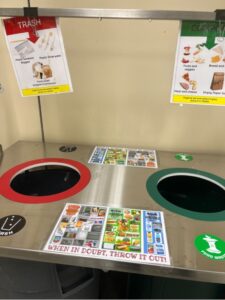 Signage at the trash helps students sort their waste.