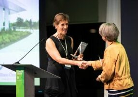 Gabriela Martin accepts the Emerald Award on behalf of the Illinois Clean Energy Community Foundation.